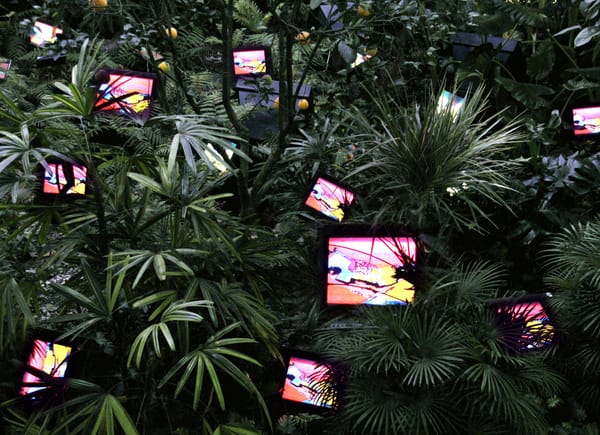 TV Sets in a garden full of plants. Art installation by Nam June Paik, "TV Garden", 1974