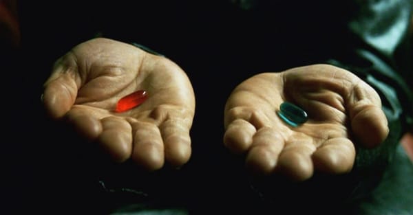 Red pill, blue pill, Morpheus offers Neo the choice in The Matrix (1999)